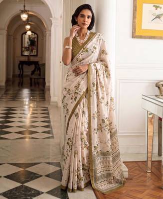 cream silk blend floral printed saree 1