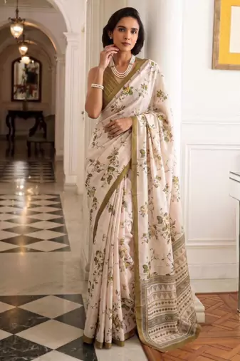 cream silk blend floral printed saree