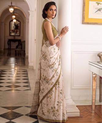 cream silk blend floral printed saree 2