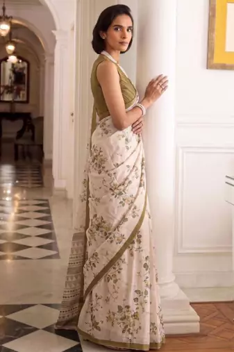 cream silk blend floral printed saree