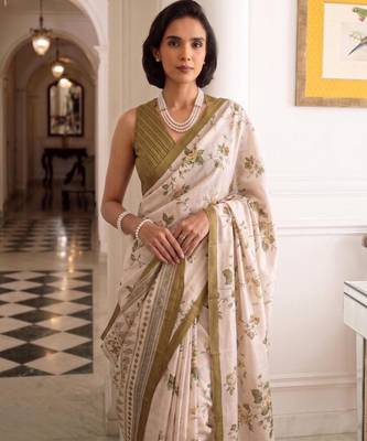 cream silk blend floral printed saree 3
