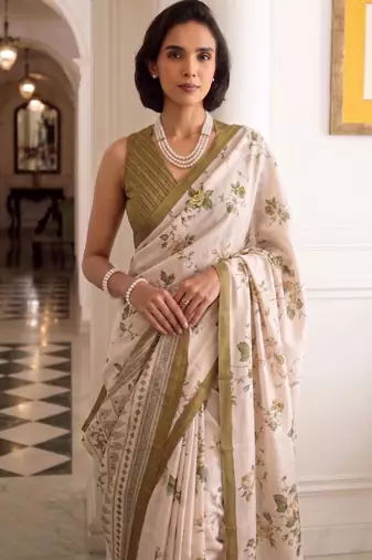 cream silk blend floral printed saree