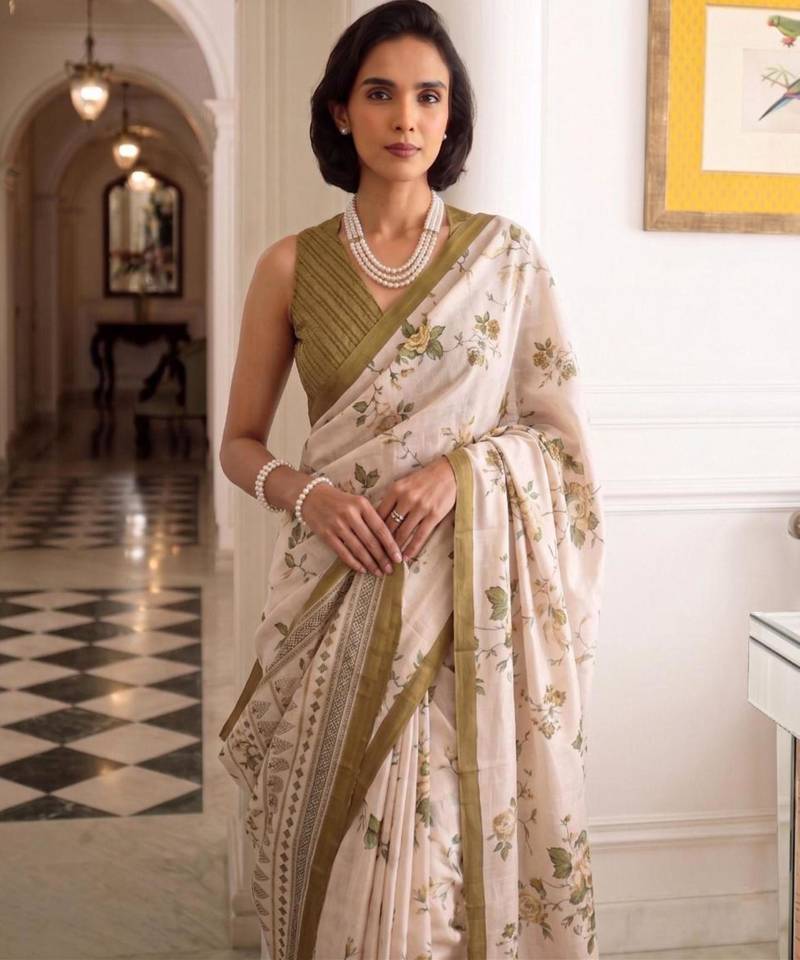 cream silk blend floral printed saree
