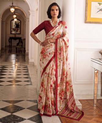 cream silk blend floral printed saree 1