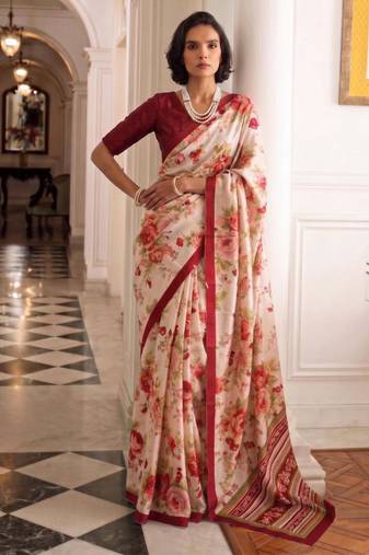 cream silk blend floral printed saree