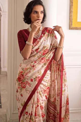 cream silk blend floral printed saree