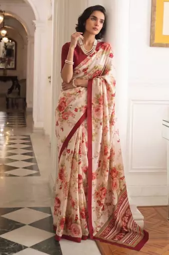cream silk blend floral printed saree
