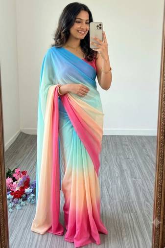 multicolor georgette ombre plain saree