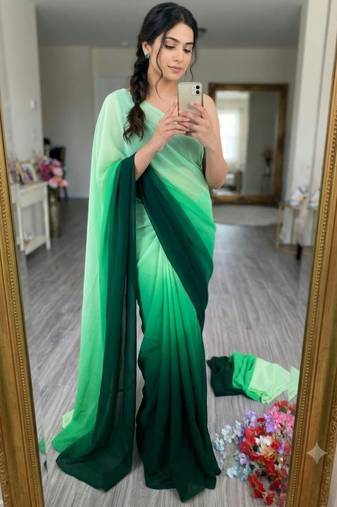 green georgette ombre plain saree