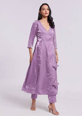 Lavender angrakha style v-neck kurta set 1