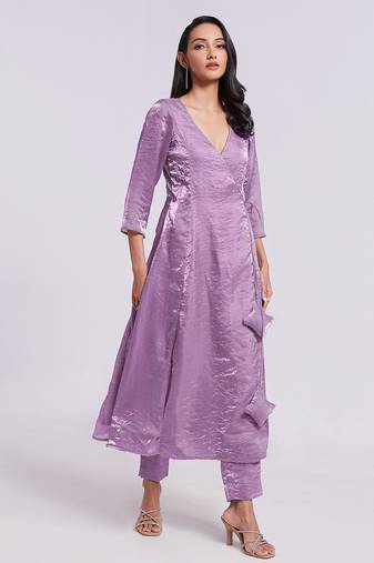 Lavender angrakha style v-neck kurta set