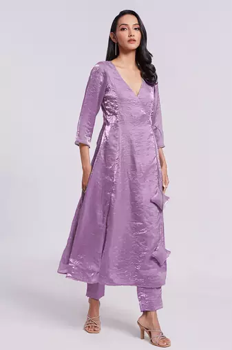 Lavender angrakha style v-neck kurta set