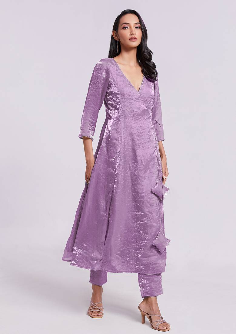 Lavender angrakha style v-neck kurta set