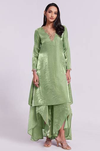 Sage green asymmetrical kurta set