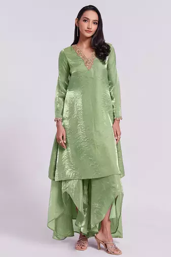 Sage green asymmetrical kurta set
