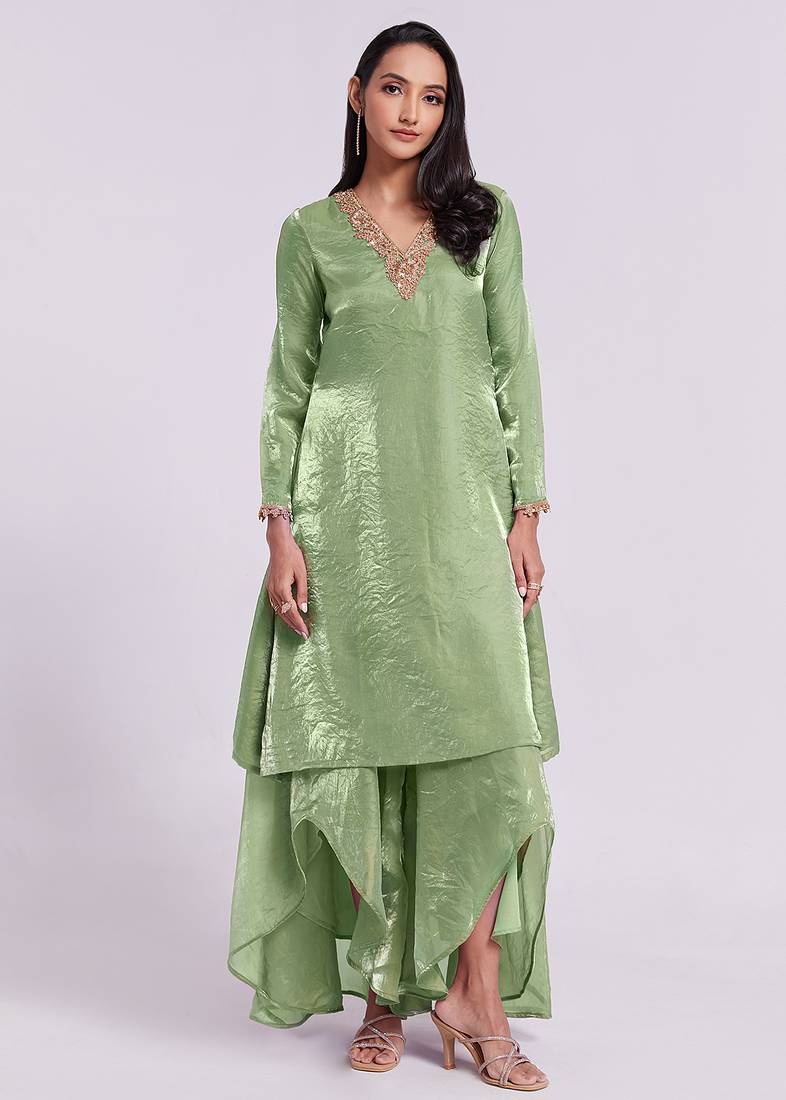 Sage green asymmetrical kurta set