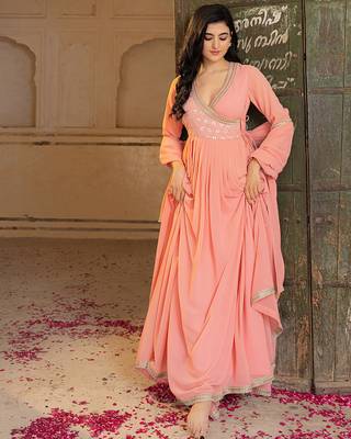 Elegant peach georgette embroidered gown with dupatta and blouse 1