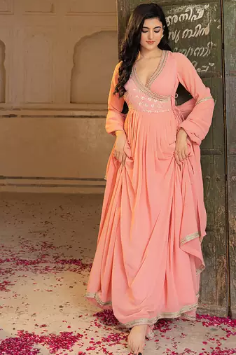 Elegant peach georgette embroidered gown with dupatta and blouse