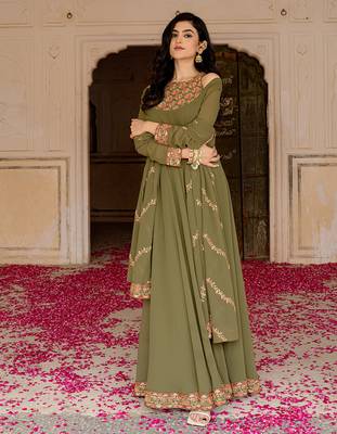 Olive green georgette embroidered gown with dupatta 1