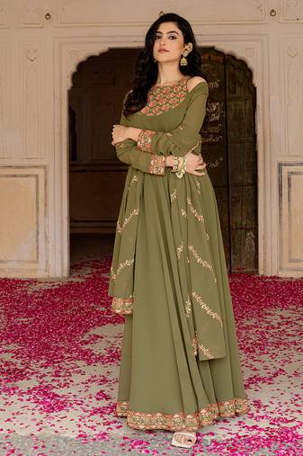 Olive green georgette embroidered gown with dupatta