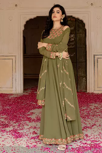 Olive green georgette embroidered gown with dupatta