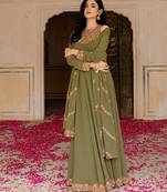 Olive green georgette embroidered gown with dupatta
