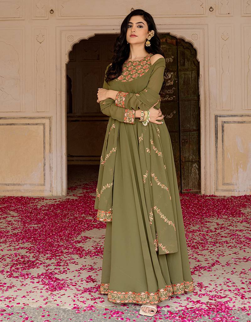Olive green georgette embroidered gown with dupatta