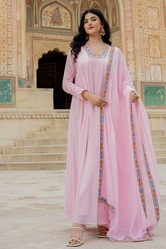Elegant pink georgette gown with embroidered dupatta