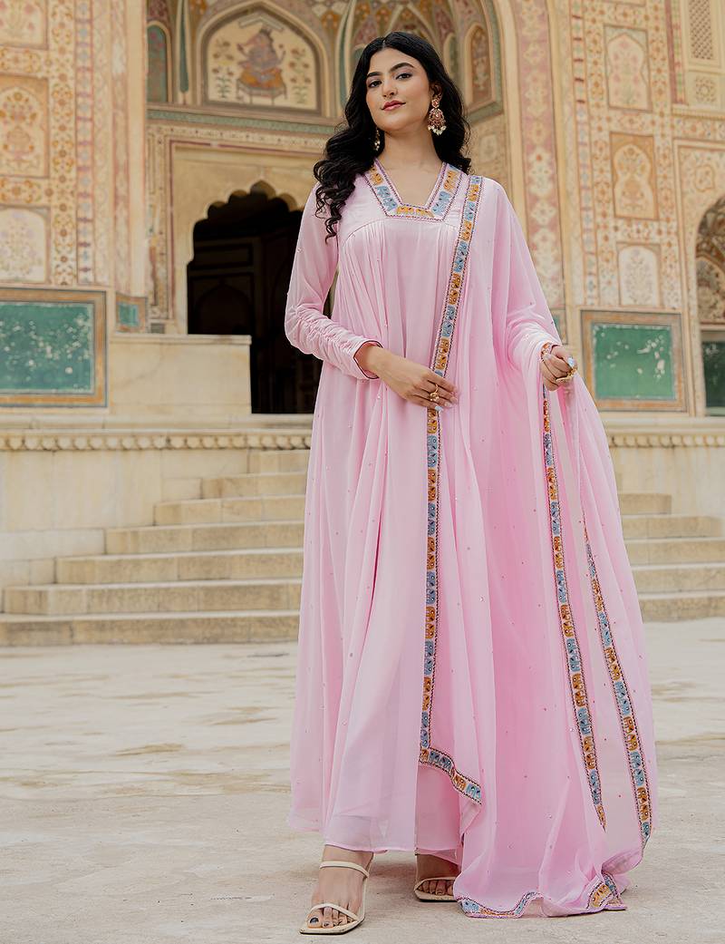 Elegant pink georgette gown with embroidered dupatta