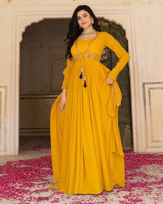 Radiant mustard yellow georgette embroidered gown with dupatta 1