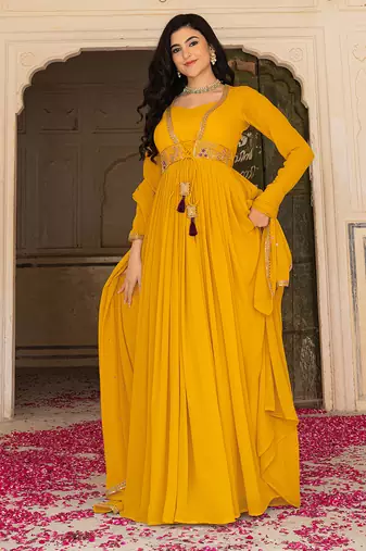 Radiant mustard yellow georgette embroidered gown with dupatta
