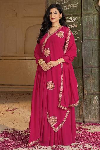 Elegant rani pink georgette gown with dupatta and embroidery work