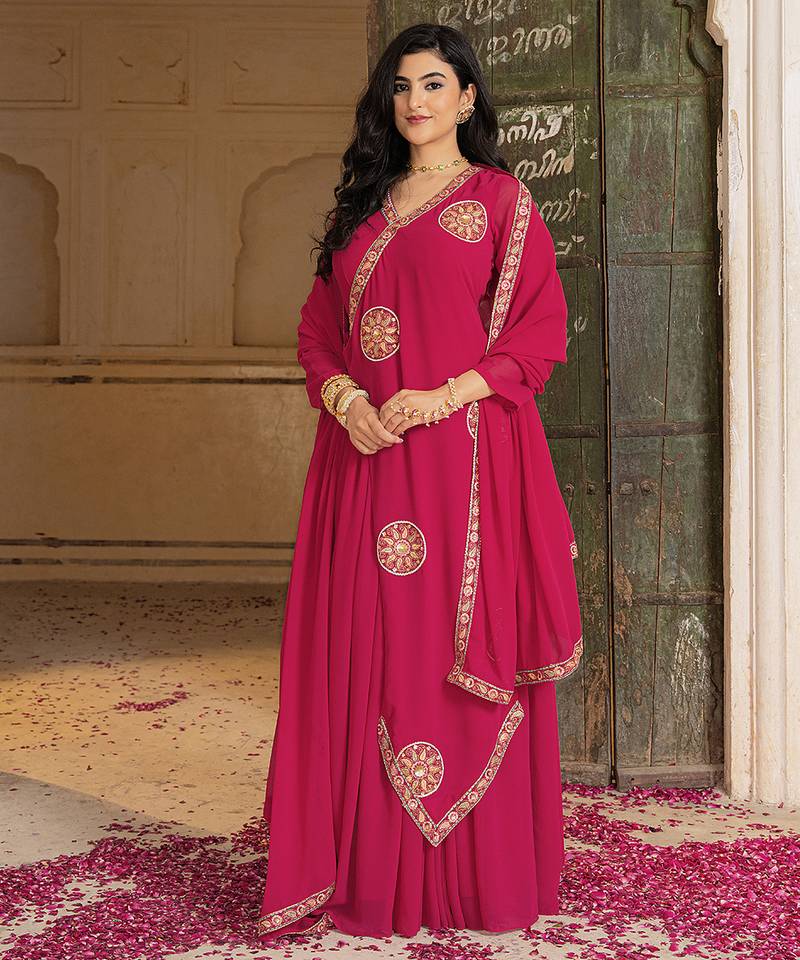 Elegant rani pink georgette gown with dupatta and embroidery work