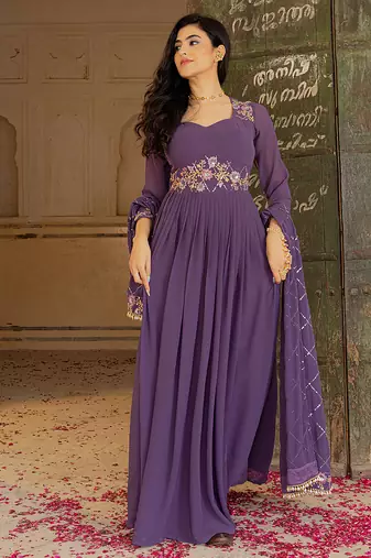 Elegant purple georgette embroidered gown with zari and sequin