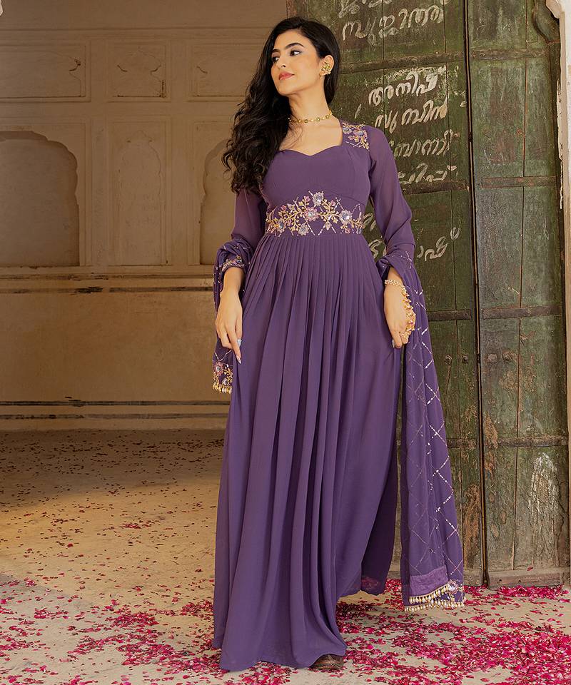 Elegant purple georgette embroidered gown with zari and sequin