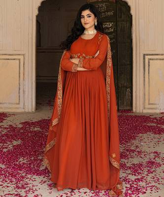 Elegant rust georgette gown with embroidered dupatta 1