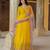 Radiant yellow georgette gown with lilac soft net dupatta & embroidery