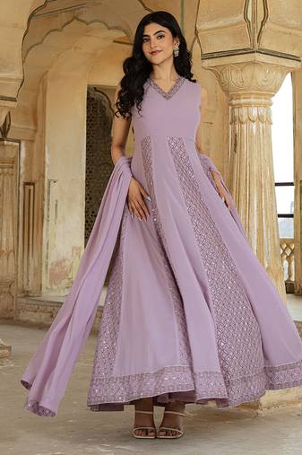Graceful lavender georgette embroidered gown with flowing dupatta