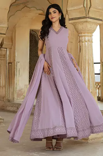 Graceful lavender georgette embroidered gown with flowing dupatta