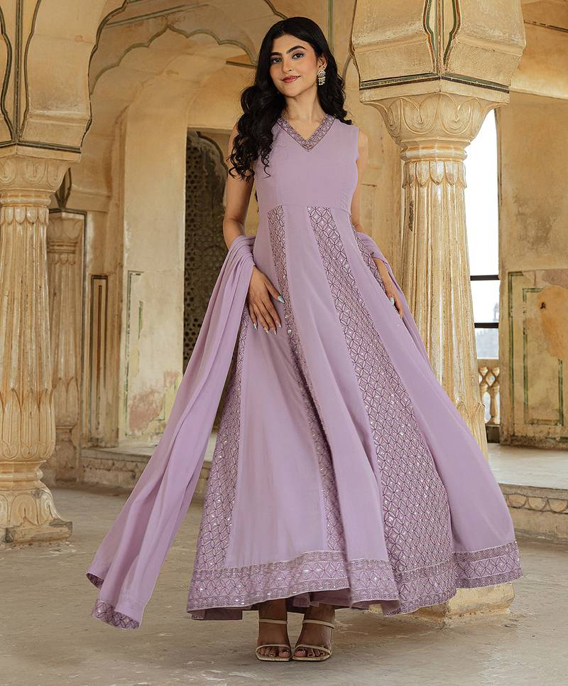 Graceful lavender georgette embroidered gown with flowing dupatta
