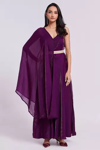 Wine belted sleeveless gown set