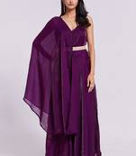 Wine belted sleeveless gown set