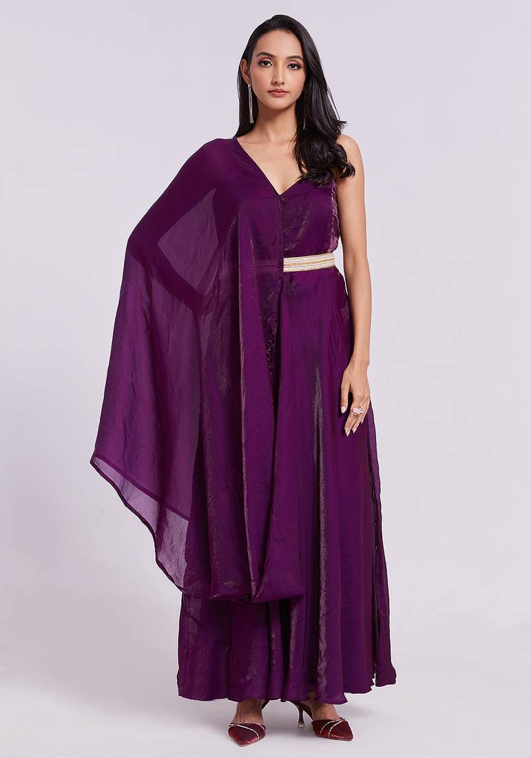 Wine belted sleeveless gown set