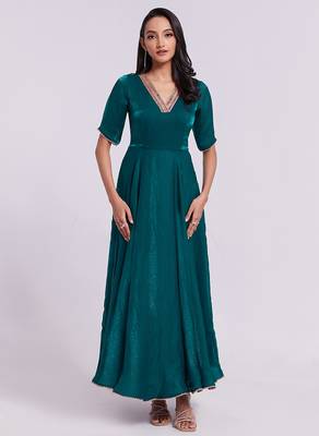 Elegant teal embroidered neck gown 1