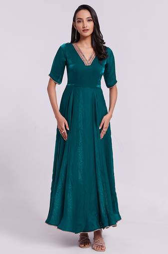Elegant teal embroidered neck gown