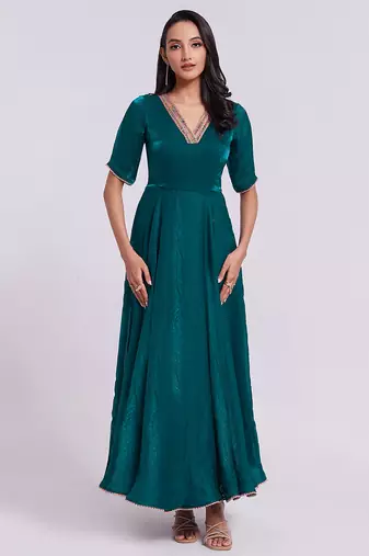 Elegant teal embroidered neck gown
