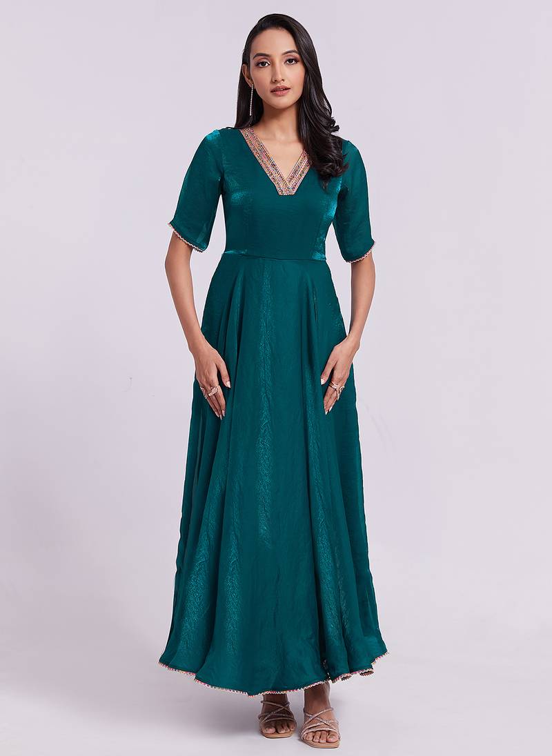 Elegant teal embroidered neck gown