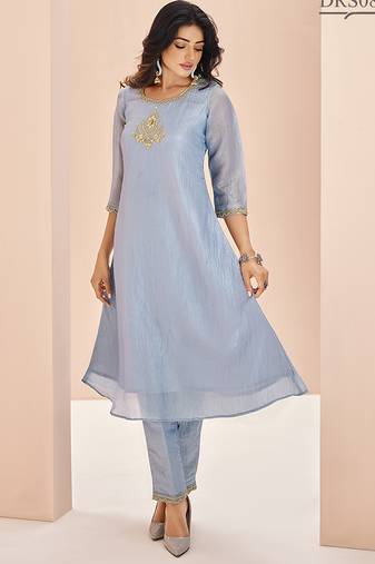 Elegant teal blue kurti trousers set with handwork