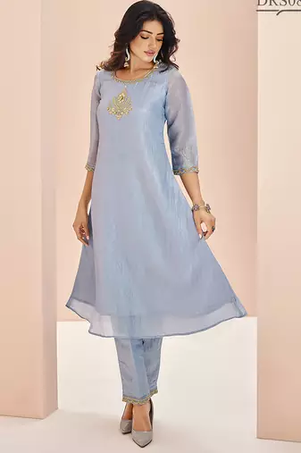 Elegant teal blue kurti trousers set with handwork