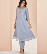 Elegant teal blue kurti trousers set with handwork